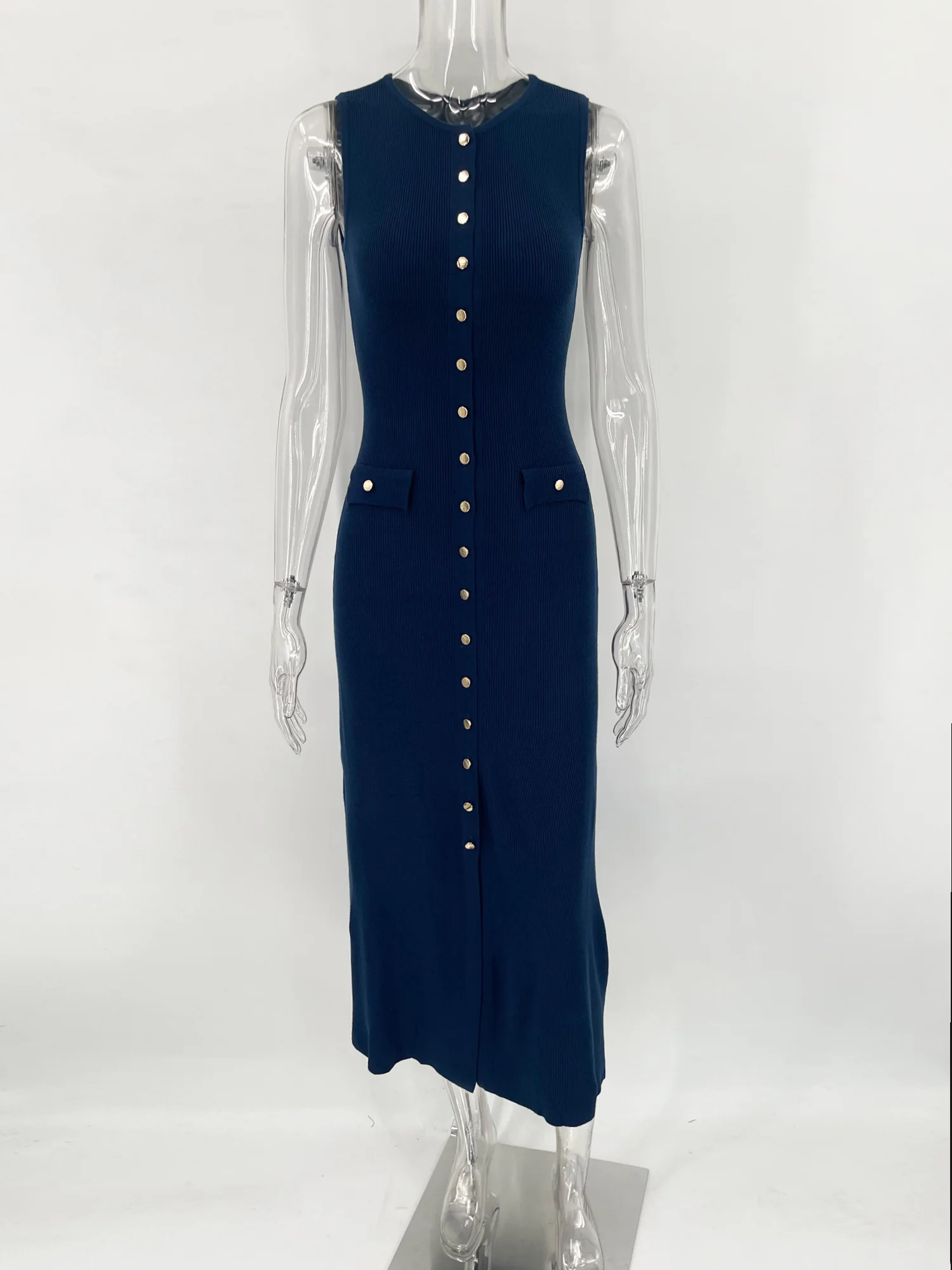 Tossy Knit Ribbed Cardigan Maxi Dress Female High Waist Slim Pocket Sleeveless Elegant Party Dress Women's Knitwear Long Dress