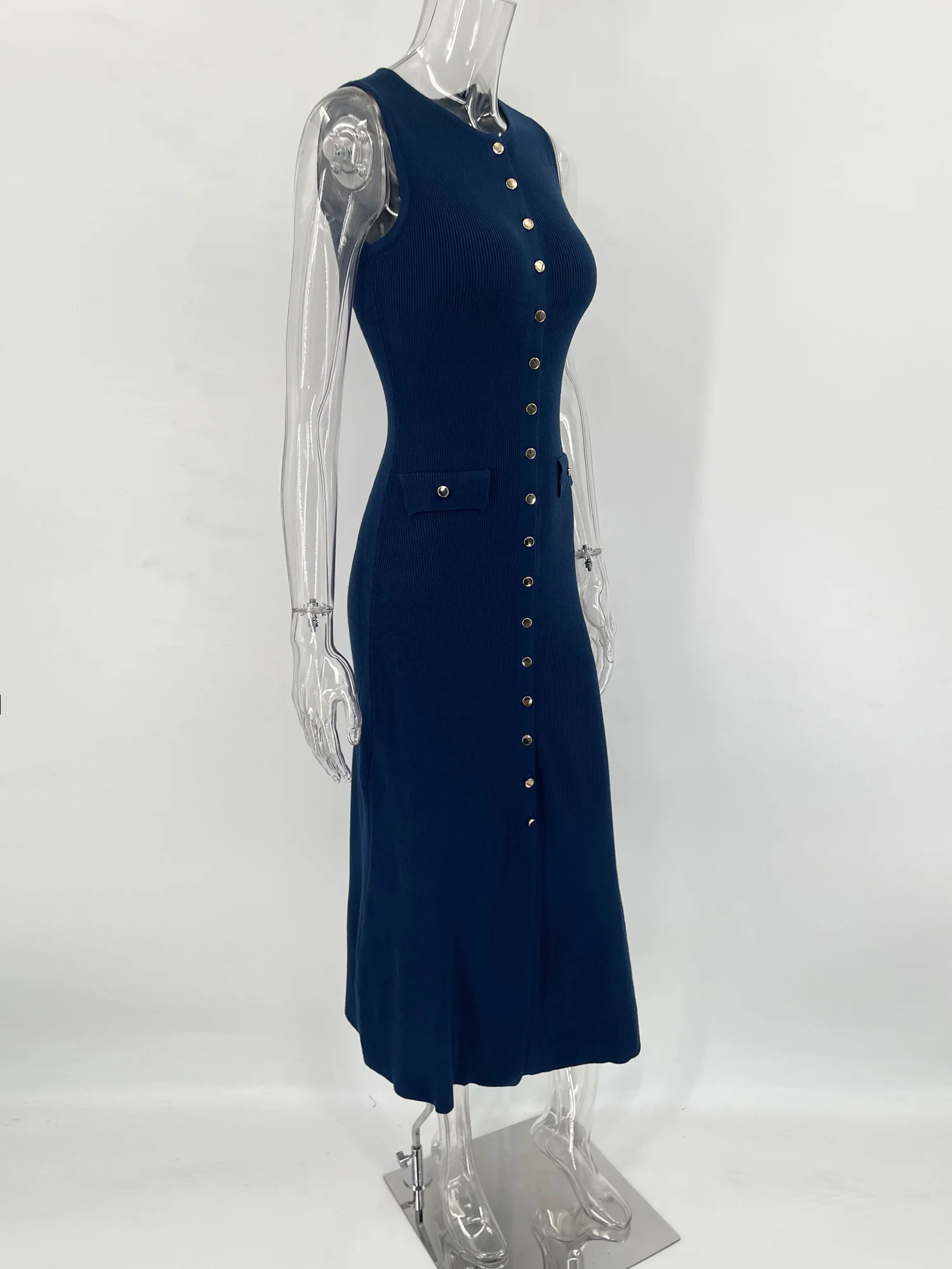 Tossy Knit Ribbed Cardigan Maxi Dress Female High Waist Slim Pocket Sleeveless Elegant Party Dress Women's Knitwear Long Dress