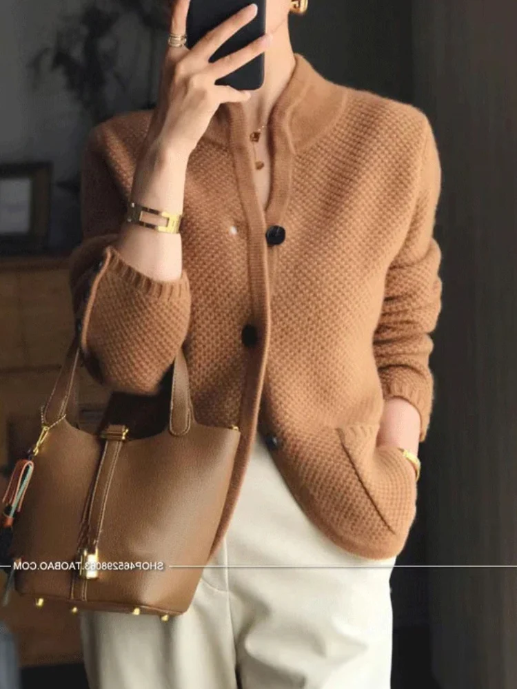 New hot high-end women's knitting cardigan  cashmere wool sweater long sleeve half high collarsolid women's 100% wool sweater