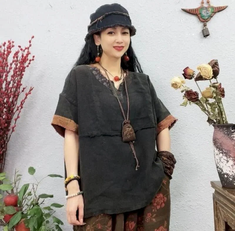 Cotton Linen T Shirt Women Vintage Art Style Loose T-shirt Casual Loose Design Short Sleeve Top Summer Trend V-neck Short Tshirt