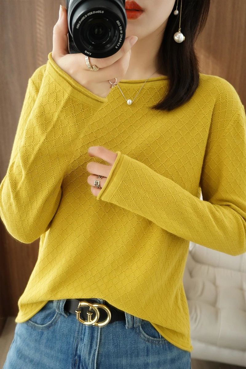 Women 100% Cotton Sweater Curled Round Neck Knitted Pullover Diamond Grid Soft Clothing Long Sleeve Bottoming Tops Autumn Winter