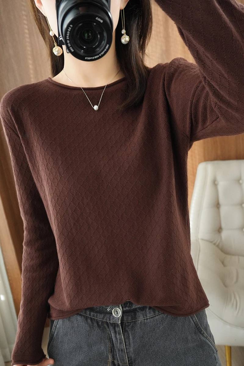 Women 100% Cotton Sweater Curled Round Neck Knitted Pullover Diamond Grid Soft Clothing Long Sleeve Bottoming Tops Autumn Winter