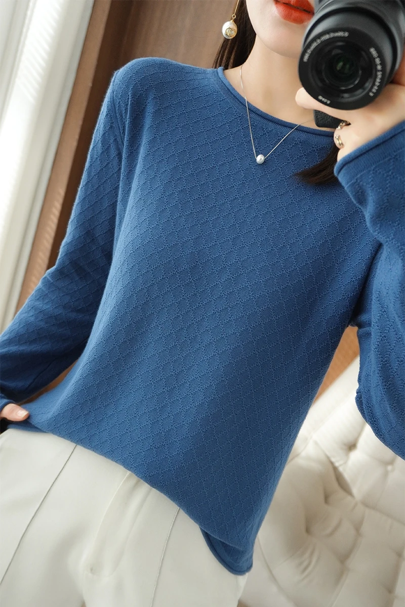 Women 100% Cotton Sweater Curled Round Neck Knitted Pullover Diamond Grid Soft Clothing Long Sleeve Bottoming Tops Autumn Winter
