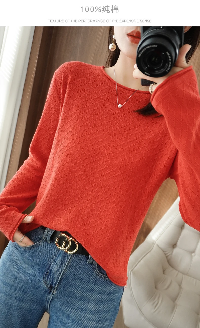 Women 100% Cotton Sweater Curled Round Neck Knitted Pullover Diamond Grid Soft Clothing Long Sleeve Bottoming Tops Autumn Winter