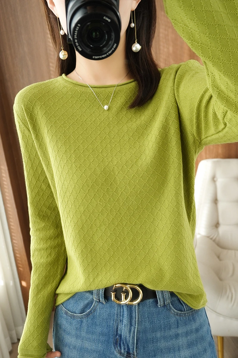 Women 100% Cotton Sweater Curled Round Neck Knitted Pullover Diamond Grid Soft Clothing Long Sleeve Bottoming Tops Autumn Winter