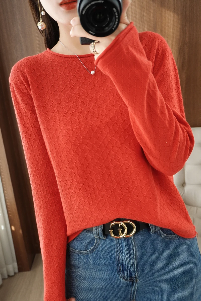 Women 100% Cotton Sweater Curled Round Neck Knitted Pullover Diamond Grid Soft Clothing Long Sleeve Bottoming Tops Autumn Winter
