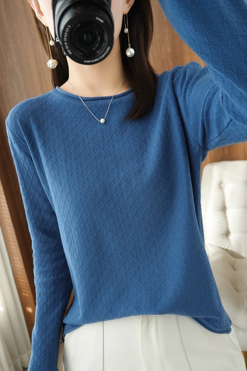 Women 100% Cotton Sweater Curled Round Neck Knitted Pullover Diamond Grid Soft Clothing Long Sleeve Bottoming Tops Autumn Winter