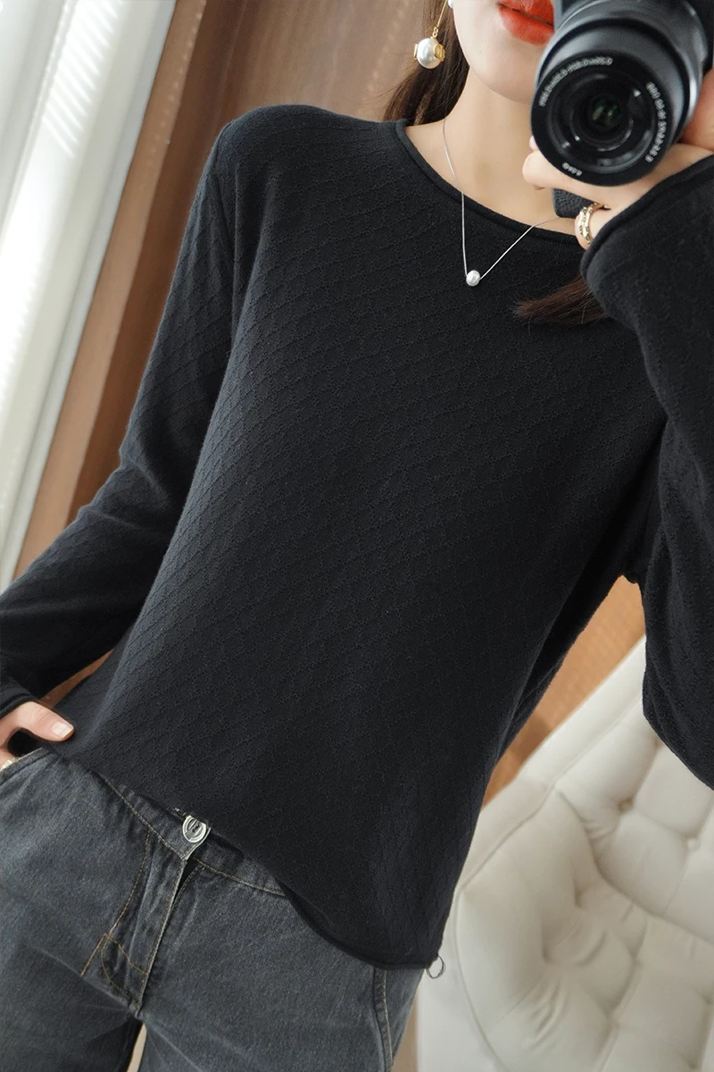 Women 100% Cotton Sweater Curled Round Neck Knitted Pullover Diamond Grid Soft Clothing Long Sleeve Bottoming Tops Autumn Winter