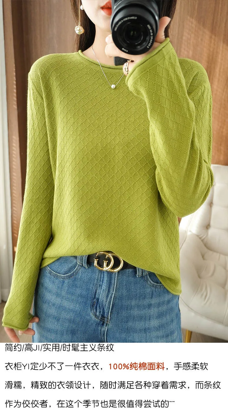 Women 100% Cotton Sweater Curled Round Neck Knitted Pullover Diamond Grid Soft Clothing Long Sleeve Bottoming Tops Autumn Winter