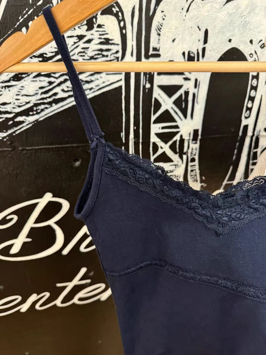 Lace Trim Navy Slim Tank Tops Woman Summer Bow V-Neck Sleeveless Cotton Cropped Vest Casual Vintage Streetwear Crop Top Y2k New
