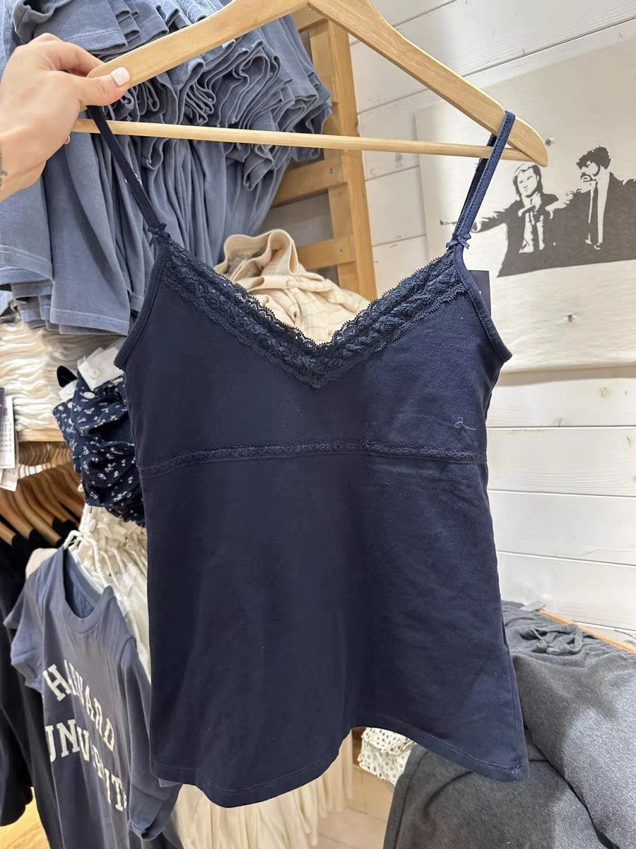 Lace Trim Navy Slim Tank Tops Woman Summer Bow V-Neck Sleeveless Cotton Cropped Vest Casual Vintage Streetwear Crop Top Y2k New