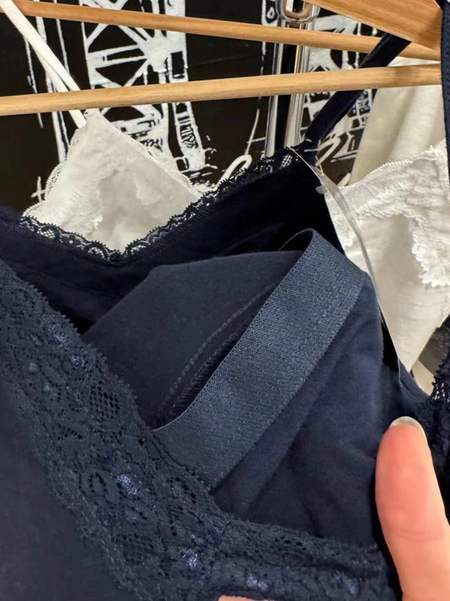 Lace Trim Navy Slim Tank Tops Woman Summer Bow V-Neck Sleeveless Cotton Cropped Vest Casual Vintage Streetwear Crop Top Y2k New