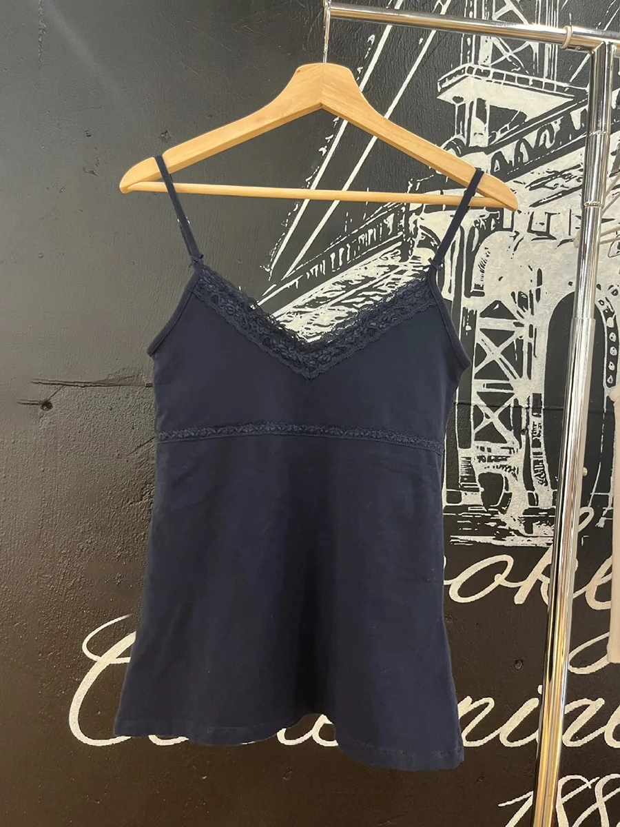 Lace Trim Navy Slim Tank Tops Woman Summer Bow V-Neck Sleeveless Cotton Cropped Vest Casual Vintage Streetwear Crop Top Y2k New