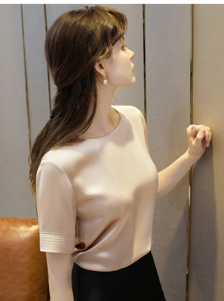 Acetate Satin Tees for Women High Quality Ladies Casual Elegant Silk Satin Blouse Summer Korean Tops 2026 Roupas Feminina