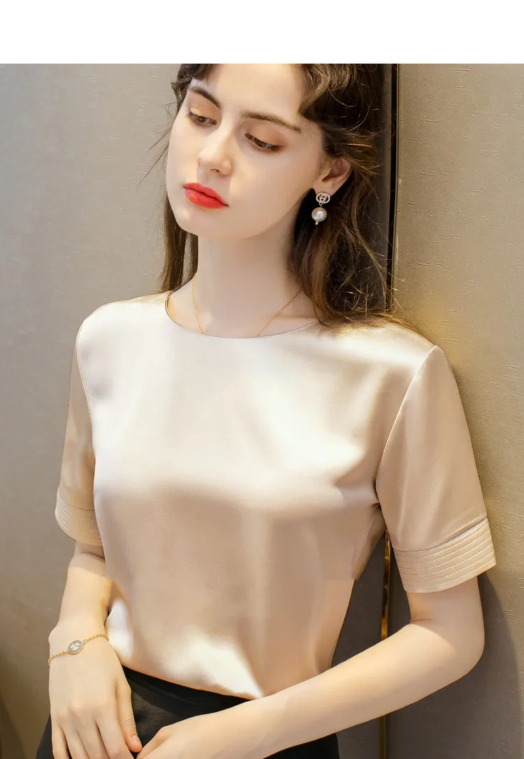 Acetate Satin Tees for Women High Quality Ladies Casual Elegant Silk Satin Blouse Summer Korean Tops 2026 Roupas Feminina