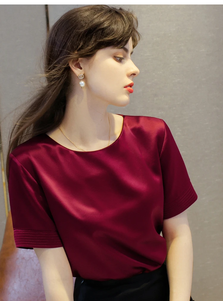 Acetate Satin Tees for Women High Quality Ladies Casual Elegant Silk Satin Blouse Summer Korean Tops 2026 Roupas Feminina