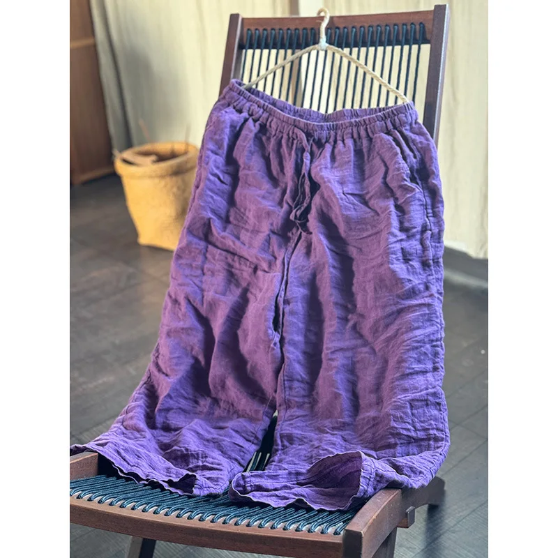 High Quality Women Ramie Wide Leg Pants Loose Elastic Waist Solid Color 2024 New Summer Autumn Casual Female Pants Korean Style