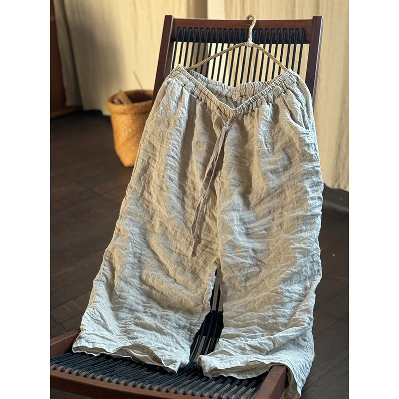High Quality Women Ramie Wide Leg Pants Loose Elastic Waist Solid Color 2024 New Summer Autumn Casual Female Pants Korean Style