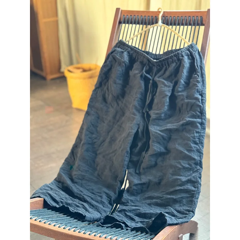 High Quality Women Ramie Wide Leg Pants Loose Elastic Waist Solid Color 2024 New Summer Autumn Casual Female Pants Korean Style