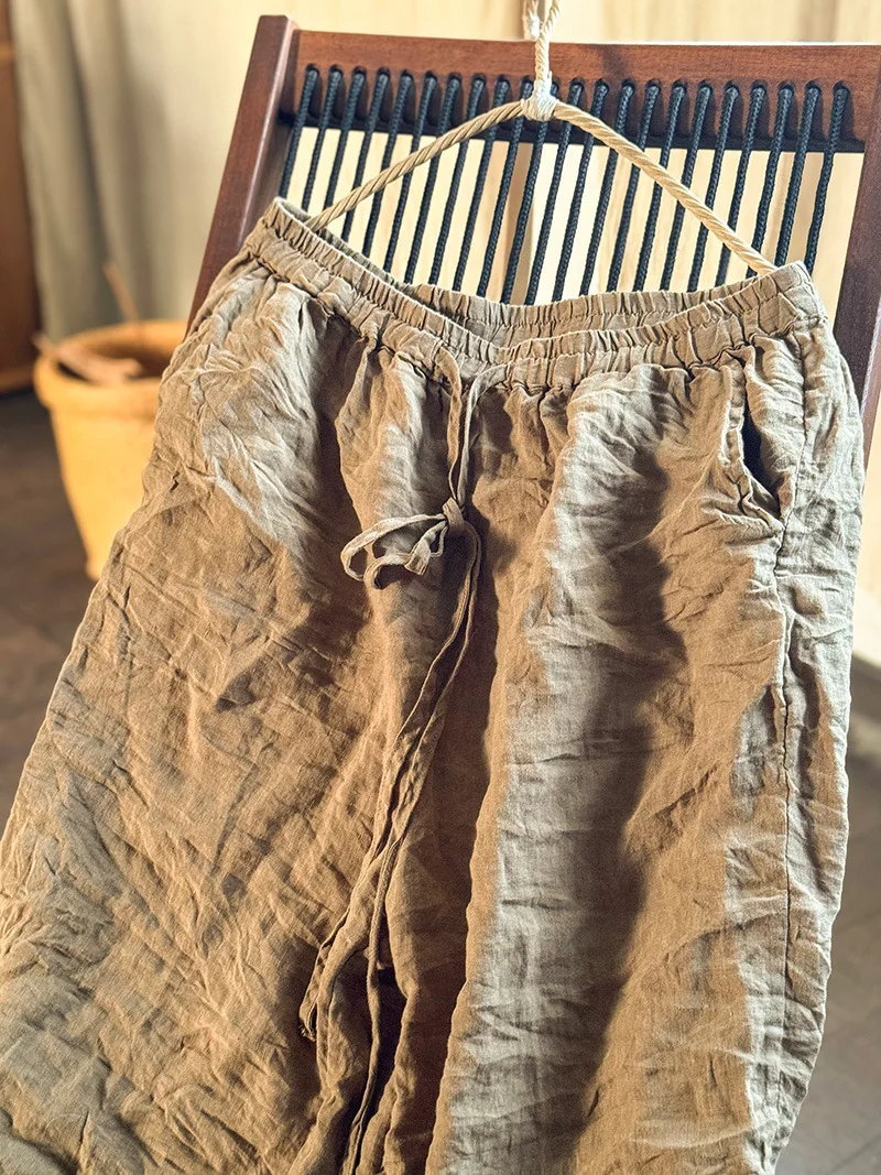 High Quality Women Ramie Wide Leg Pants Loose Elastic Waist Solid Color 2024 New Summer Autumn Casual Female Pants Korean Style