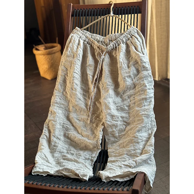 High Quality Women Ramie Wide Leg Pants Loose Elastic Waist Solid Color 2024 New Summer Autumn Casual Female Pants Korean Style