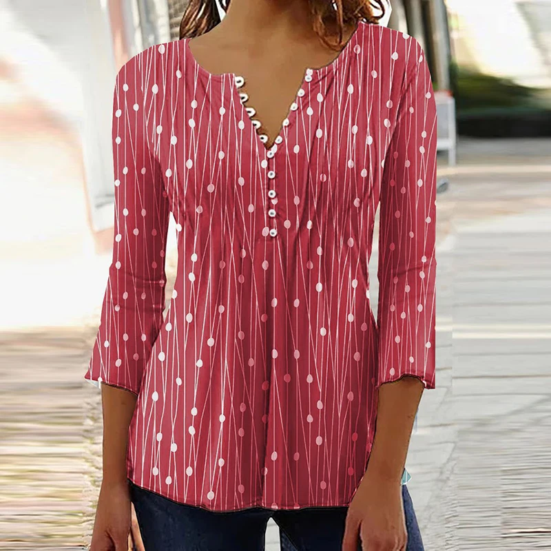 2026 Graphical Print Shirts for Women Women Spring Summer 3/4 Sleeve V Neck Buttons Blouse Shirt Ladies Long Sleeve Tops