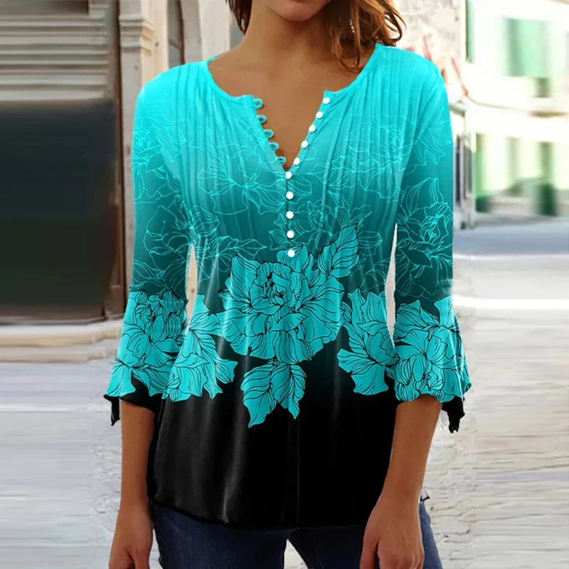 2026 Graphical Print Shirts for Women Women Spring Summer 3/4 Sleeve V Neck Buttons Blouse Shirt Ladies Long Sleeve Tops