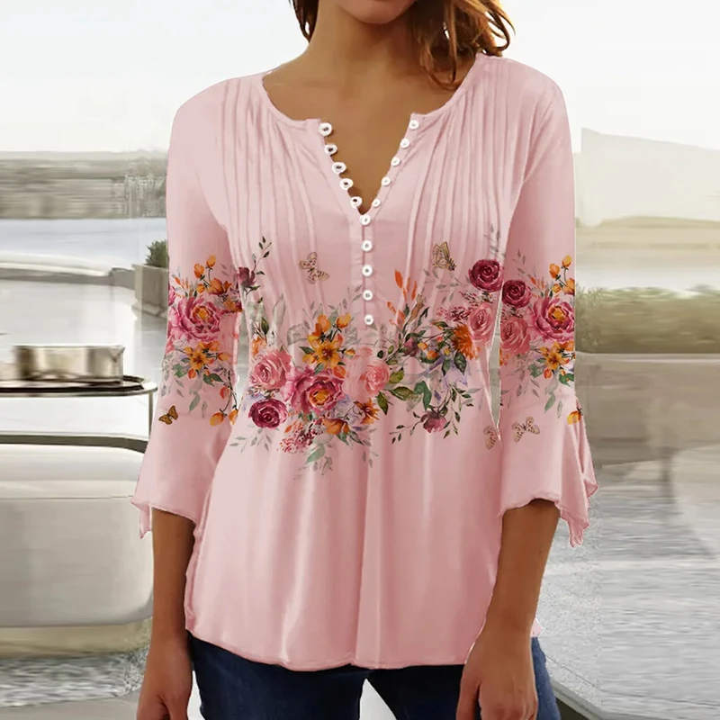 2026 Graphical Print Shirts for Women Women Spring Summer 3/4 Sleeve V Neck Buttons Blouse Shirt Ladies Long Sleeve Tops