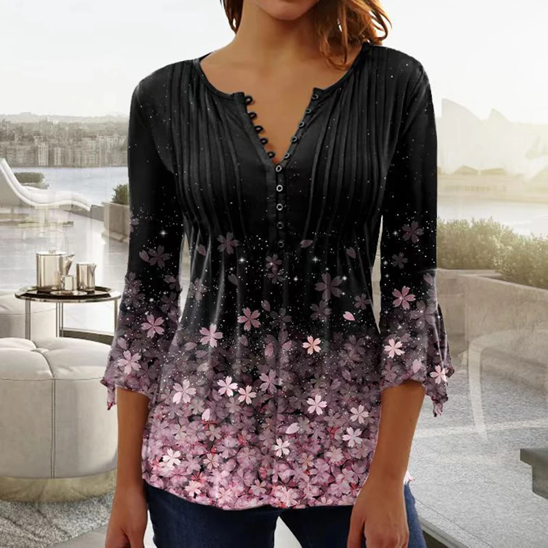 2026 Graphical Print Shirts for Women Women Spring Summer 3/4 Sleeve V Neck Buttons Blouse Shirt Ladies Long Sleeve Tops
