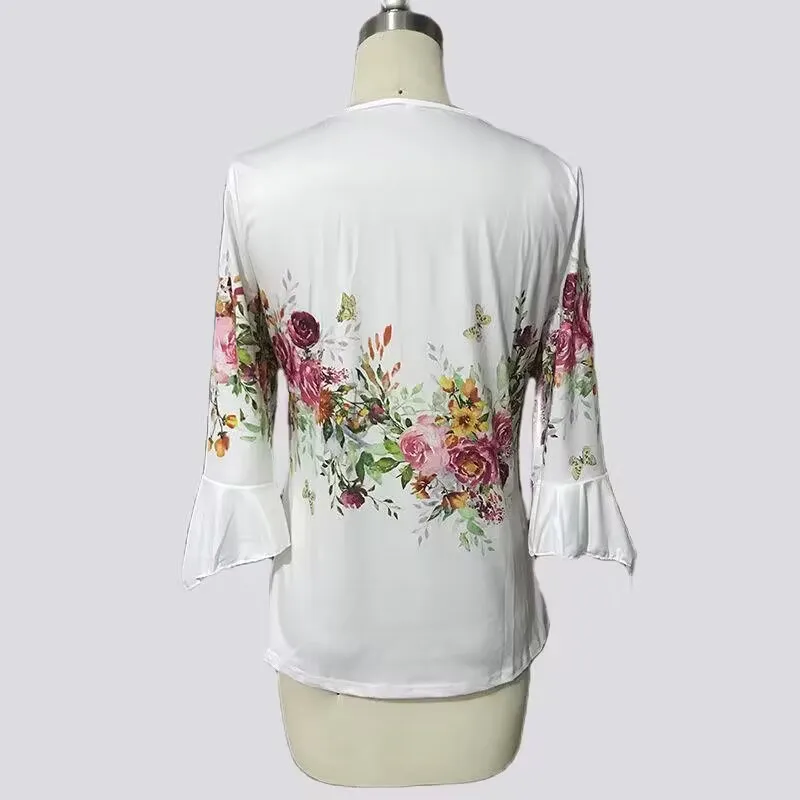 2026 Graphical Print Shirts for Women Women Spring Summer 3/4 Sleeve V Neck Buttons Blouse Shirt Ladies Long Sleeve Tops