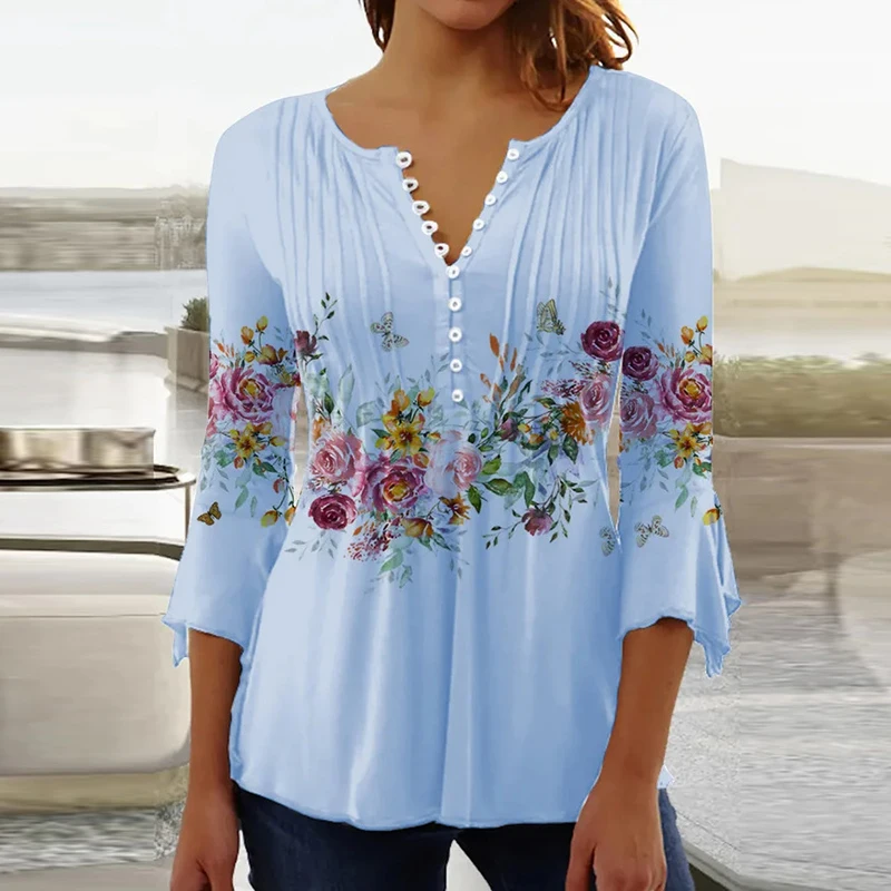 2026 Graphical Print Shirts for Women Women Spring Summer 3/4 Sleeve V Neck Buttons Blouse Shirt Ladies Long Sleeve Tops