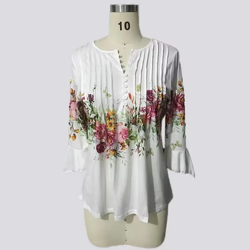2026 Graphical Print Shirts for Women Women Spring Summer 3/4 Sleeve V Neck Buttons Blouse Shirt Ladies Long Sleeve Tops