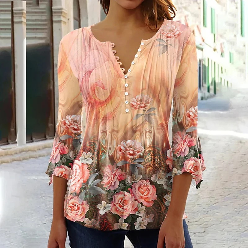 2026 Graphical Print Shirts for Women Women Spring Summer 3/4 Sleeve V Neck Buttons Blouse Shirt Ladies Long Sleeve Tops