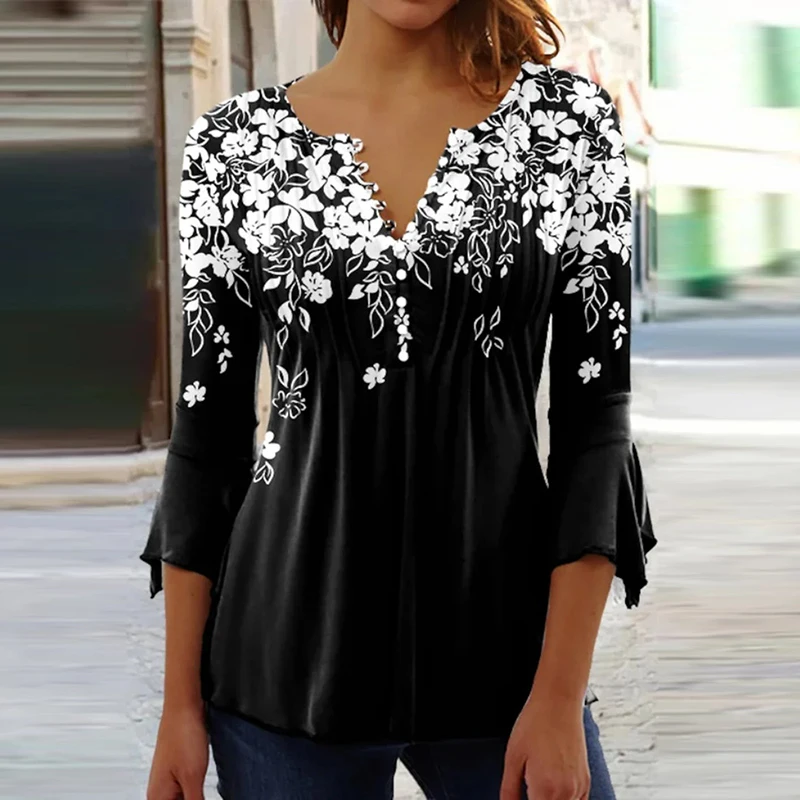 2026 Graphical Print Shirts for Women Women Spring Summer 3/4 Sleeve V Neck Buttons Blouse Shirt Ladies Long Sleeve Tops
