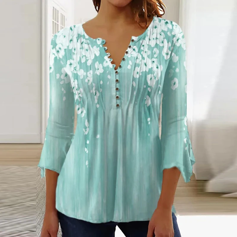 2026 Graphical Print Shirts for Women Women Spring Summer 3/4 Sleeve V Neck Buttons Blouse Shirt Ladies Long Sleeve Tops