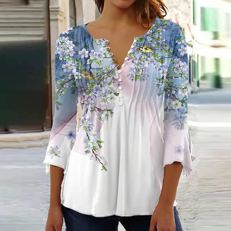 2026 Graphical Print Shirts for Women Women Spring Summer 3/4 Sleeve V Neck Buttons Blouse Shirt Ladies Long Sleeve Tops
