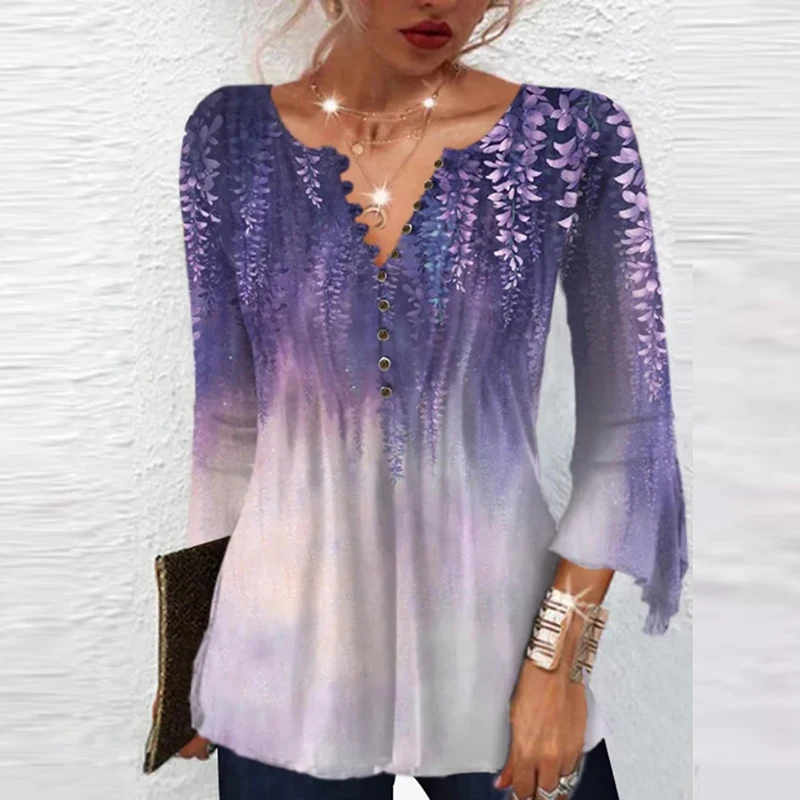 2026 Graphical Print Shirts for Women Women Spring Summer 3/4 Sleeve V Neck Buttons Blouse Shirt Ladies Long Sleeve Tops