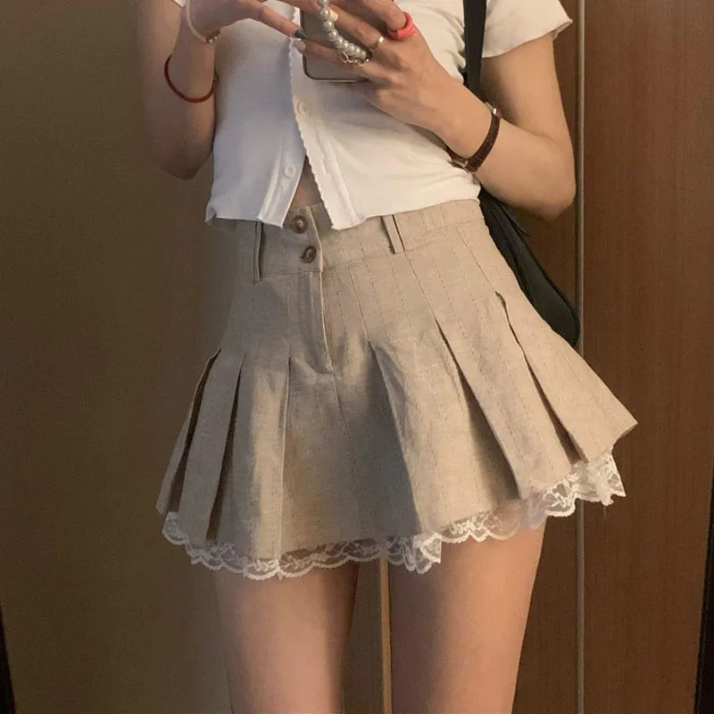 High Waist Lace Pleated Skirt Spring New Korean A-Line Mini Fashion Casual All Match Jk Student Skirt