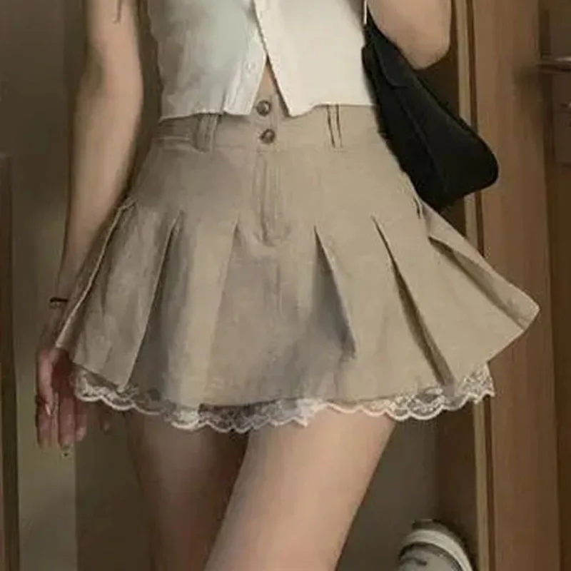 High Waist Lace Pleated Skirt Spring New Korean A-Line Mini Fashion Casual All Match Jk Student Skirt