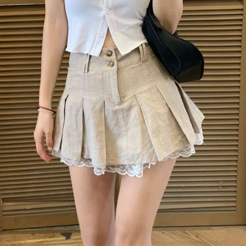 High Waist Lace Pleated Skirt Spring New Korean A-Line Mini Fashion Casual All Match Jk Student Skirt