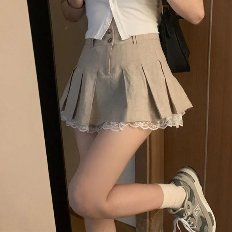 High Waist Lace Pleated Skirt Spring New Korean A-Line Mini Fashion Casual All Match Jk Student Skirt