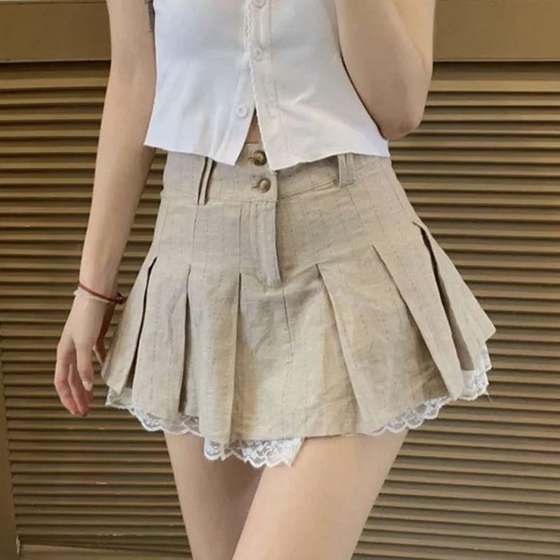 High Waist Lace Pleated Skirt Spring New Korean A-Line Mini Fashion Casual All Match Jk Student Skirt