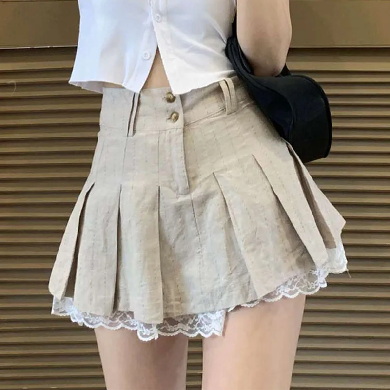 High Waist Lace Pleated Skirt Spring New Korean A-Line Mini Fashion Casual All Match Jk Student Skirt