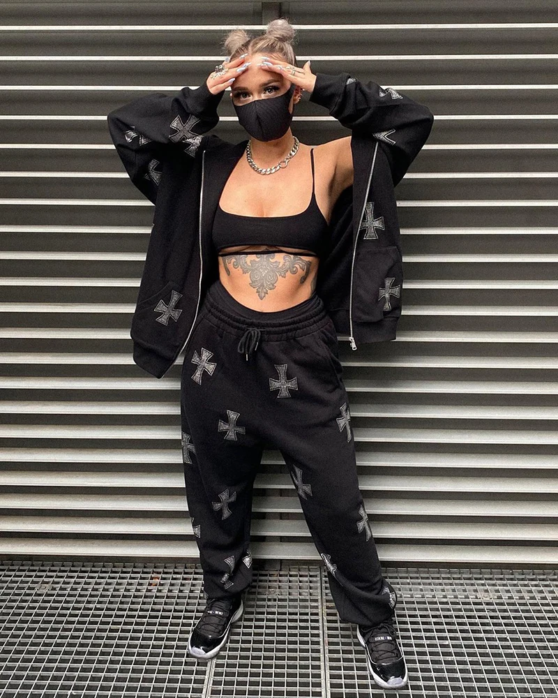 American Hip-hop Retro Pantsuits Winter Tracksuit Rhinestone Cross Jacket Black White Cardigan Trouser Suit Women Pants Set Y2k