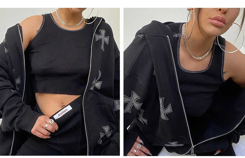 American Hip-hop Retro Pantsuits Winter Tracksuit Rhinestone Cross Jacket Black White Cardigan Trouser Suit Women Pants Set Y2k