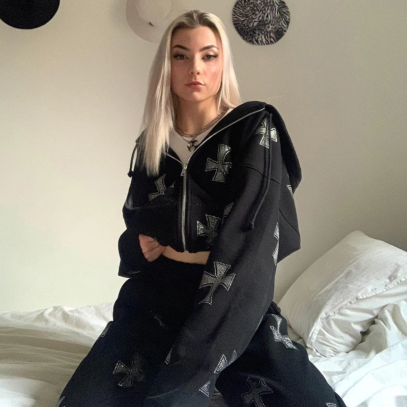 American Hip-hop Retro Pantsuits Winter Tracksuit Rhinestone Cross Jacket Black White Cardigan Trouser Suit Women Pants Set Y2k