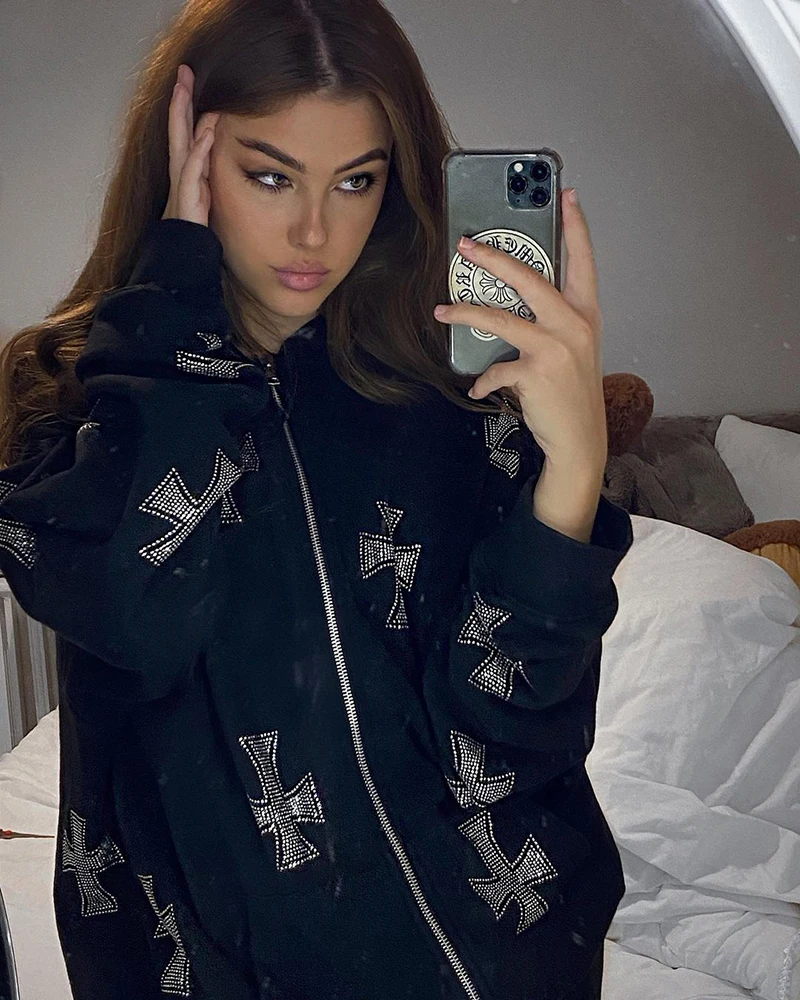 American Hip-hop Retro Pantsuits Winter Tracksuit Rhinestone Cross Jacket Black White Cardigan Trouser Suit Women Pants Set Y2k