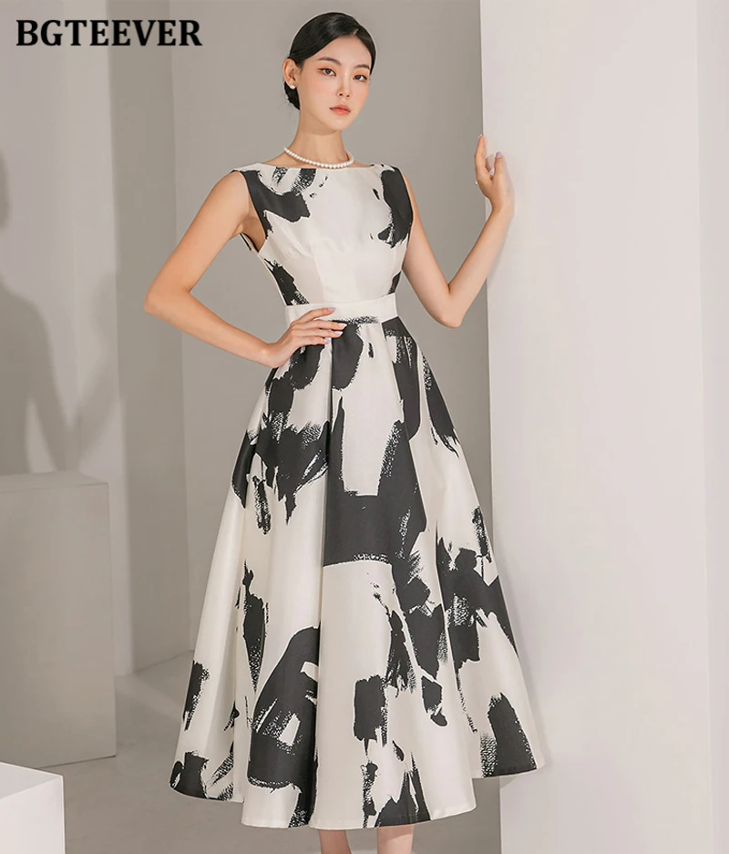 BGTEEVER Stylish Sleeveless Printed A-line Dress for Women Elegant Slim Waist O-neck Ladies Mid-Length Dress Summer Vestidos