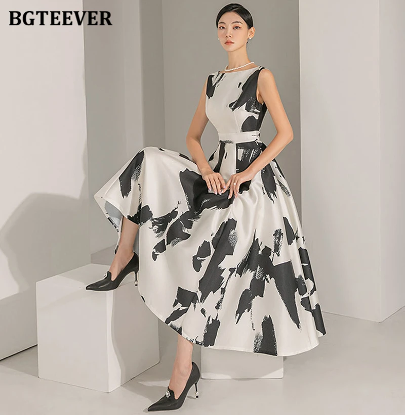 BGTEEVER Stylish Sleeveless Printed A-line Dress for Women Elegant Slim Waist O-neck Ladies Mid-Length Dress Summer Vestidos