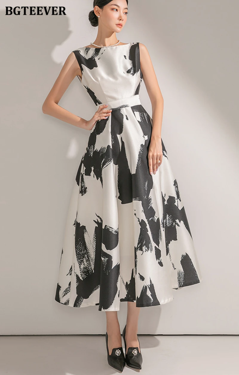 BGTEEVER Stylish Sleeveless Printed A-line Dress for Women Elegant Slim Waist O-neck Ladies Mid-Length Dress Summer Vestidos